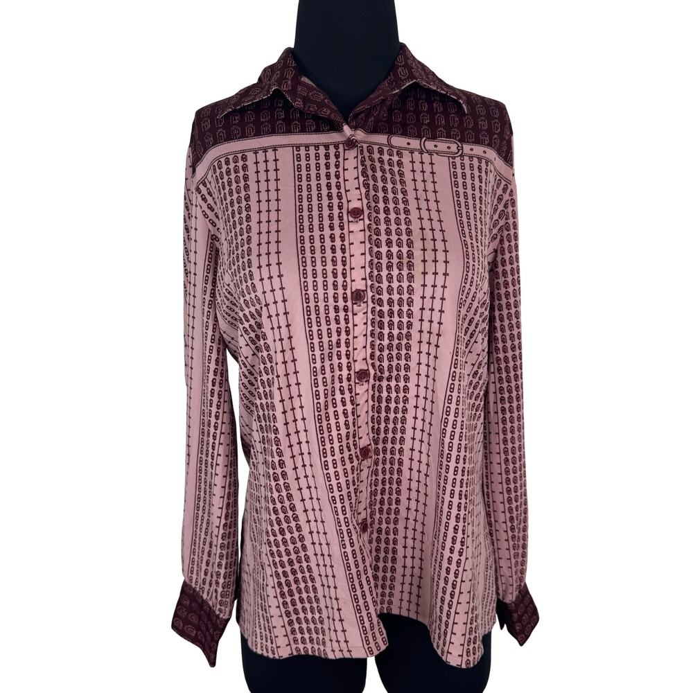 Vintage 1970s Mauve & Burgundy Buckle Print Blouse Polyester Disco Shirt Large